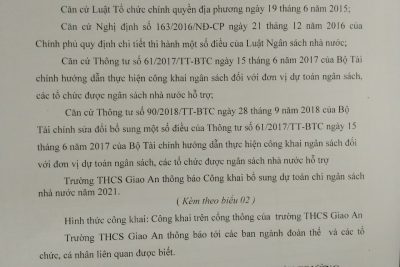 Công khai bổ sung NSNN về thi đua khen thưởng năm học 2020-2021
